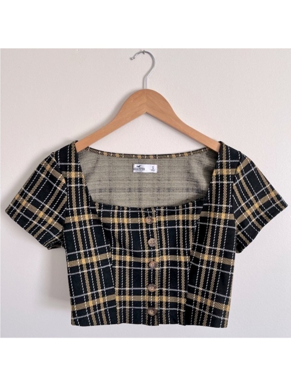 Hollister Black Plaid Square-Neck Button Crop Top